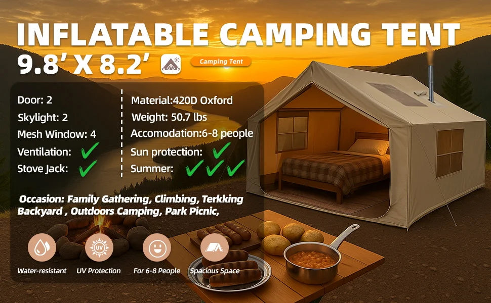 80.7 Square Feet Inflatable Glamping Tent with Air Conditioning Vent Waterproof Oxford Fabric Camping Shelter for 5 to 8 People