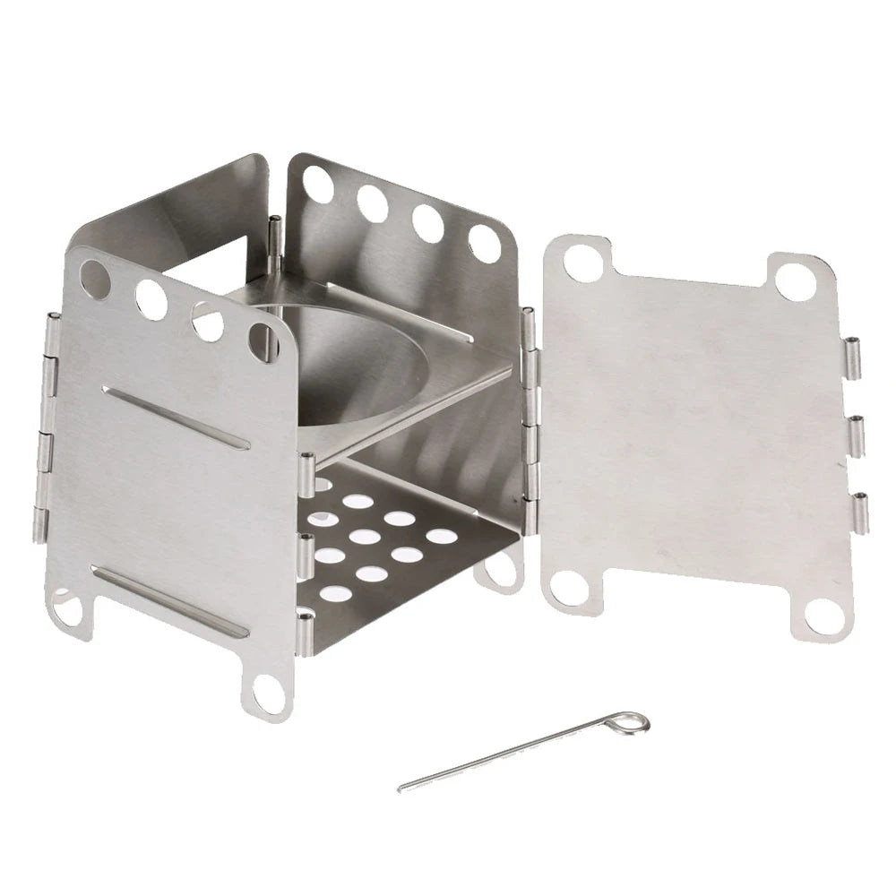 Portable Stainless Steel BBQ Stove Lightweight Folding Wood Outdoor Camping Cooking Picnic Backpacking Wind Shield with Ignition