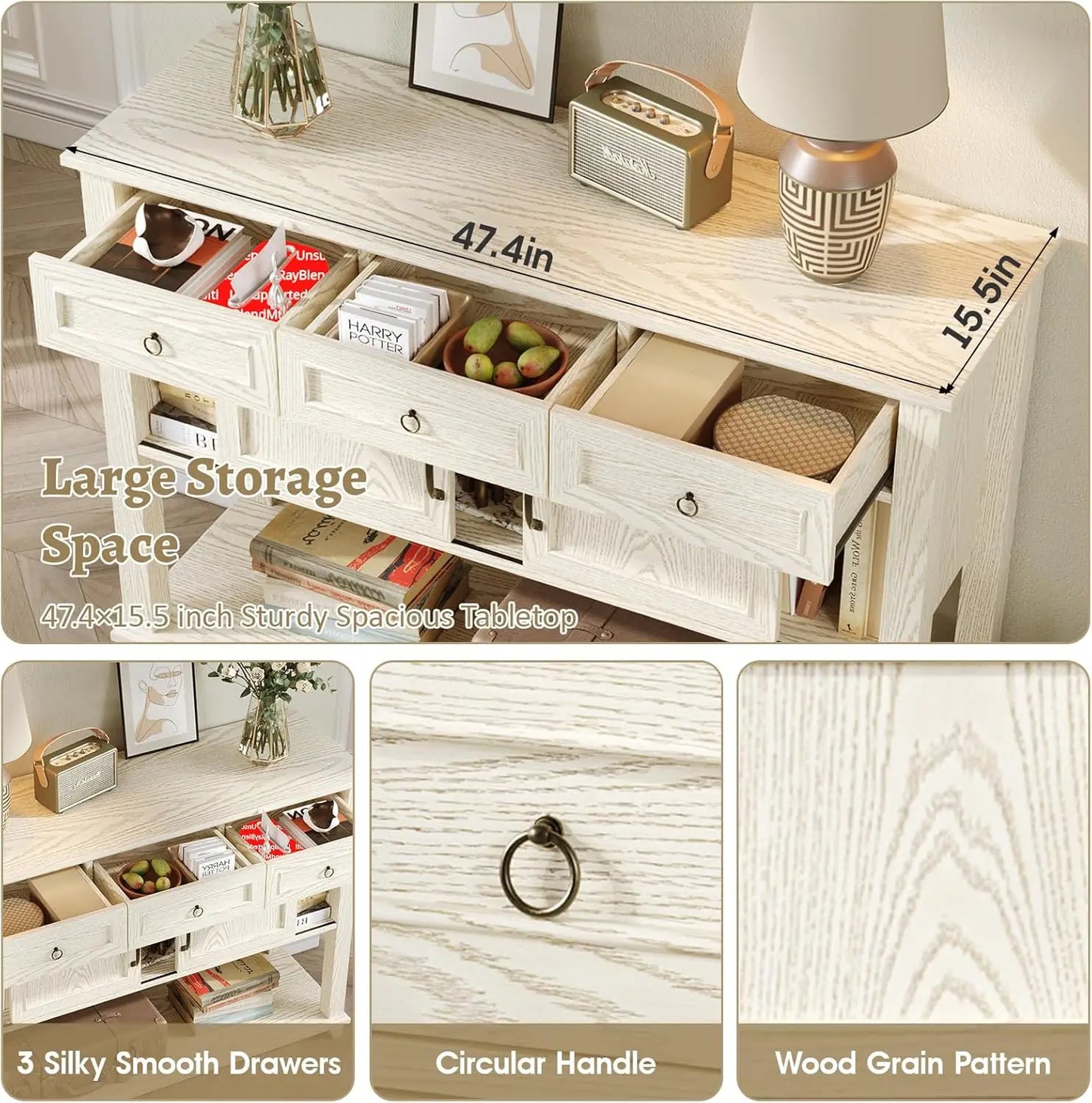 Vabches 47 Inch Wood Console Table with 3 Storage Drawers and Sliding Barn Doors for Entryway Hallway Living Room