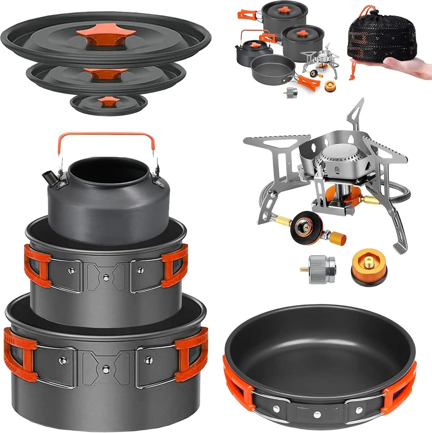 Non Stick Camping Cookware Mess Kit Set with Stove Aluminum Backpacking Pots and Pans Portable Cooking System for 3 to 5 Users