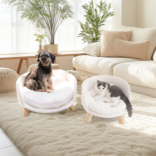 Luxury Soft Warm Plush Pet Bed Nesting Chair with Wood Legs And Washable Waterproof Cushion Pad for Small Pets White