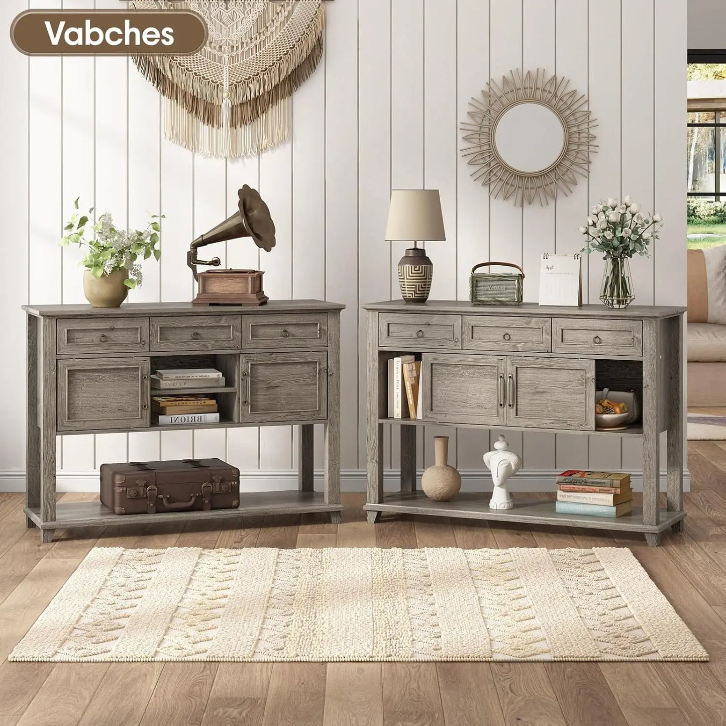 Vabches 47 Inch Wood Console Table with 3 Storage Drawers and Sliding Barn Doors for Entryway Hallway Living Room