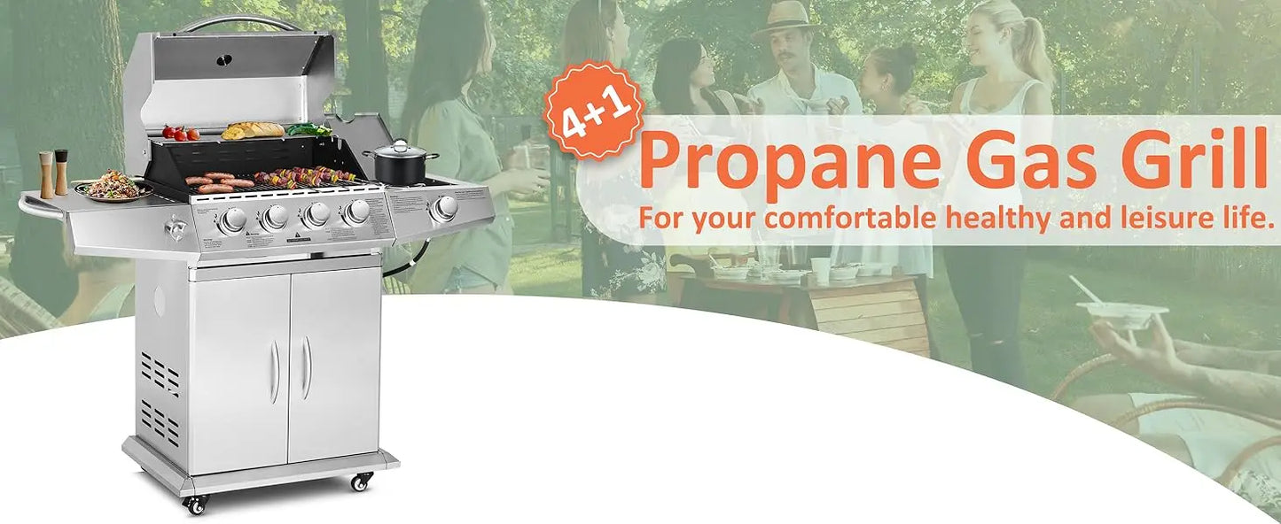 Propane Gas Grill Four Burners with Side Burner Stainless Steel Grill Cart with Wheels for Outdoor Patio Garden Backyard Cooking