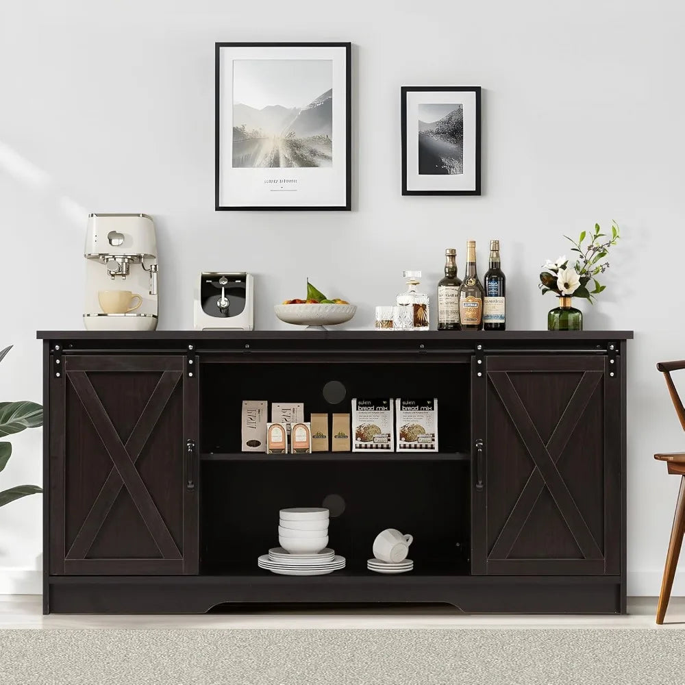 Buffet Cabinet with Storage, 59" Kitchen Storage with Barn Doors
