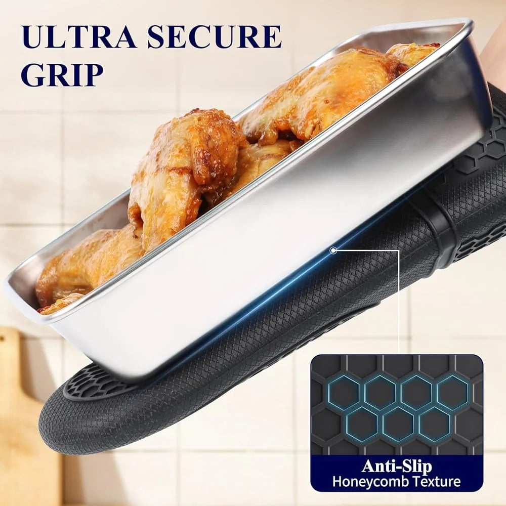 Silicone Oven Mitts Set Heat Resistant Gloves Non-Slip Kitchen Essentials Soft Lining Easy Clean Storage Grilling Baking BBQ