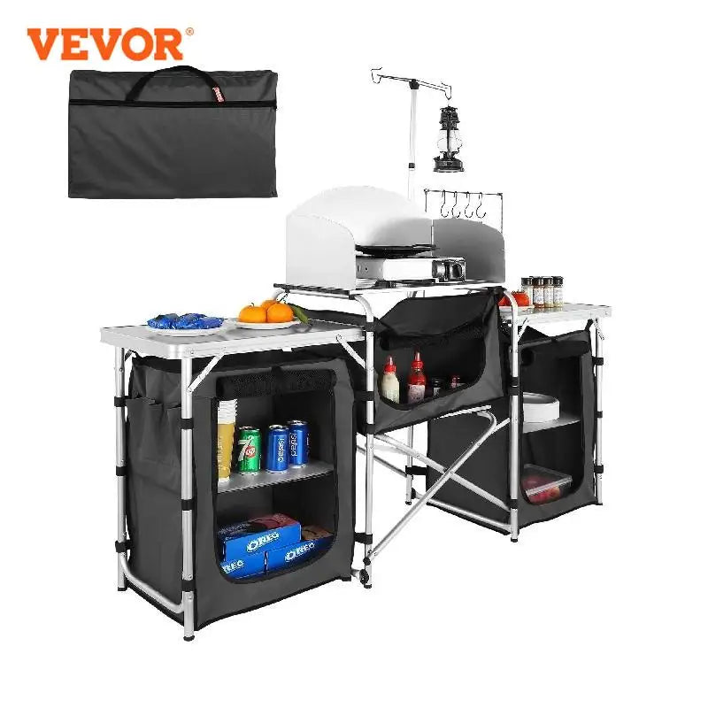 VEVOR Foldable Camping Outdoor Kitchen Table Cabinet Aluminum Alloy BBQ Picnic Cooking Storage Rack with X-Shaped Bracket