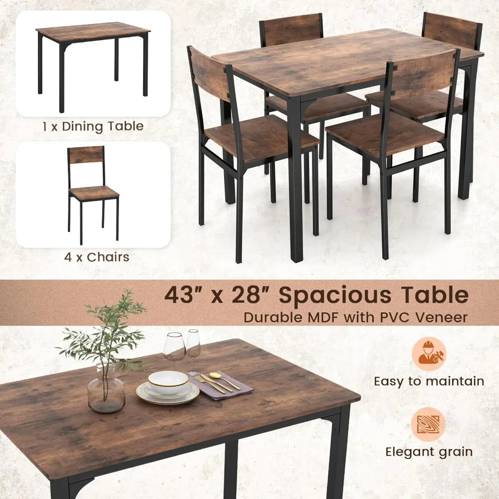 GOFLAME 5-Piece Dining Table Set, Industrial Kitchen Table and Chairs for 4 with Backrest and Metal Frame, Rectangular Space-Saver