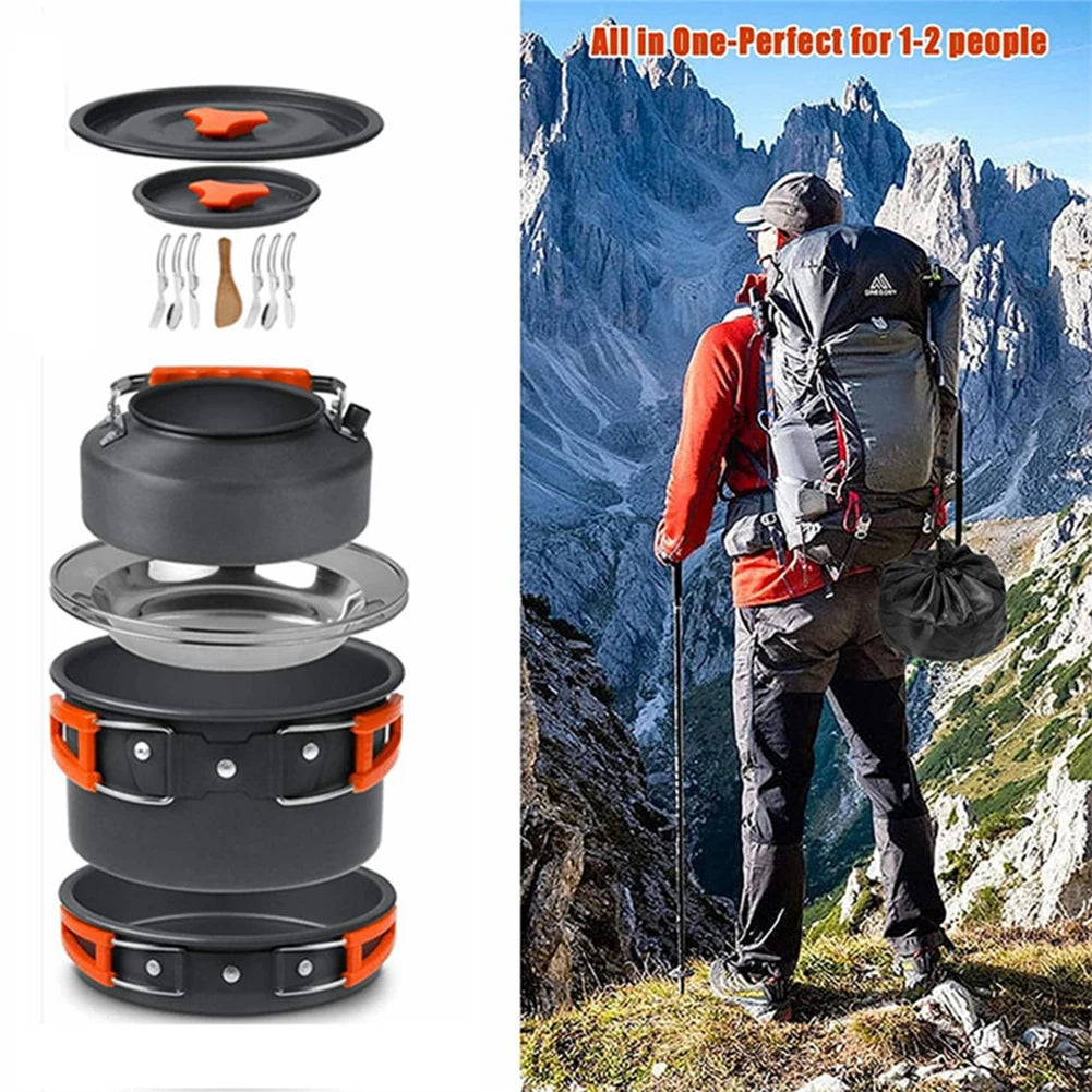 Camping Pot and Pan Set Foldable Spoon/Fork/Knife Outdoor Tableware Equipment Serves for 2-3 Person for Hiking Picnic