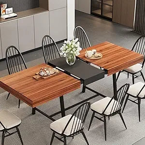 Extendable Dining Table 63-79 Inch Woodgrain/Marble Top for 6-10 People Silent-Glide Mechanism Modern Rectangular Dining Room Furniture