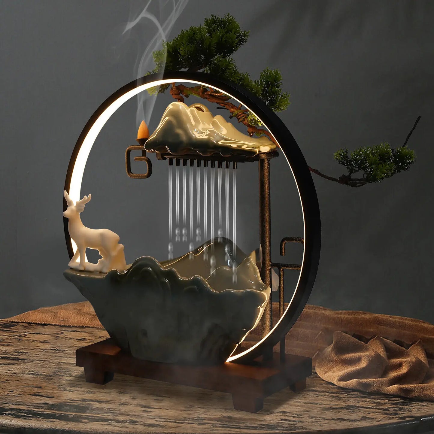 Indoor Desktop Water Fountain with Atomizer and LED Light Resin Waterfall Table Decor