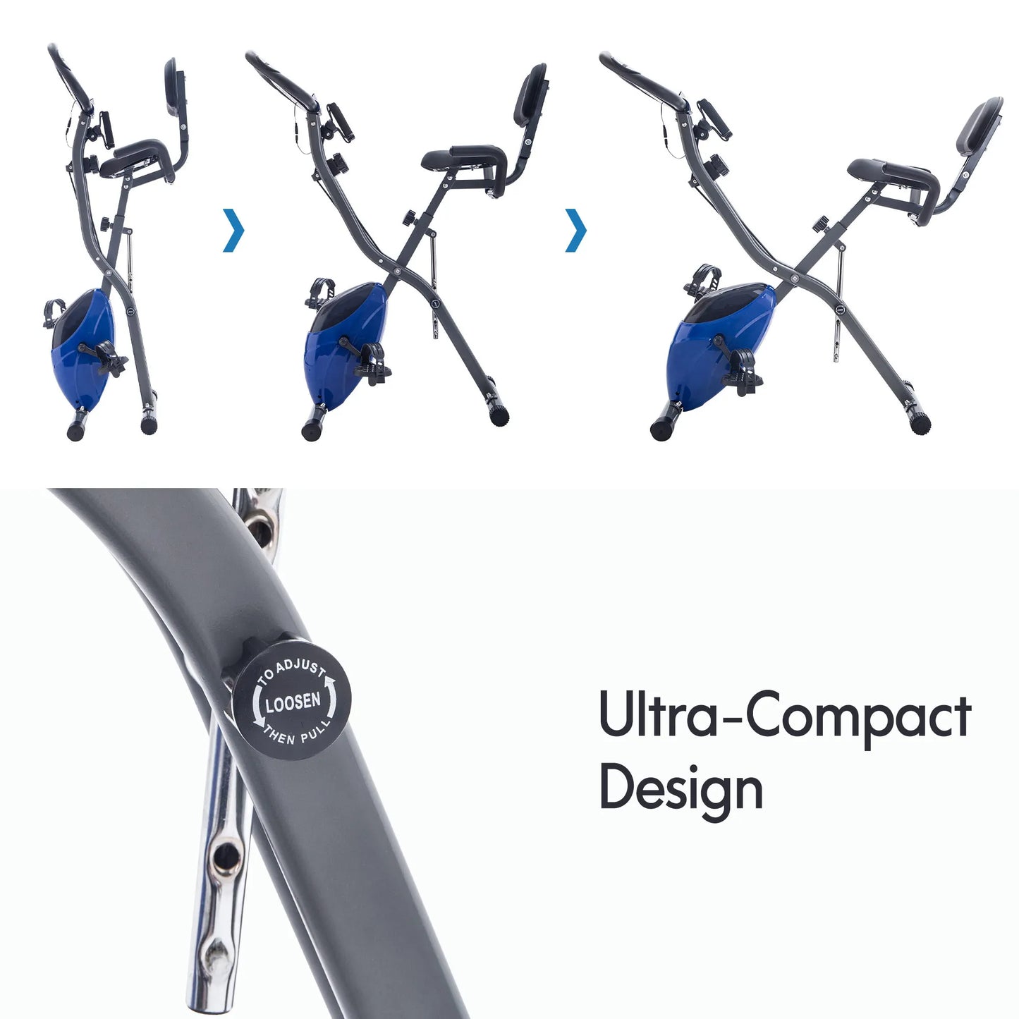 Metal Folding Exercise Bike Upright and Horizontal X Bike Home Fitness with 10 Adjustable Levels Resistance Arm Bands Backrest