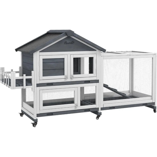 65" Wooden Rabbit Hutch with Openable Roof And Wheels Guinea Pig Playpen Bunny House Enclosure Breathable Pet Storage Box Cat Bed