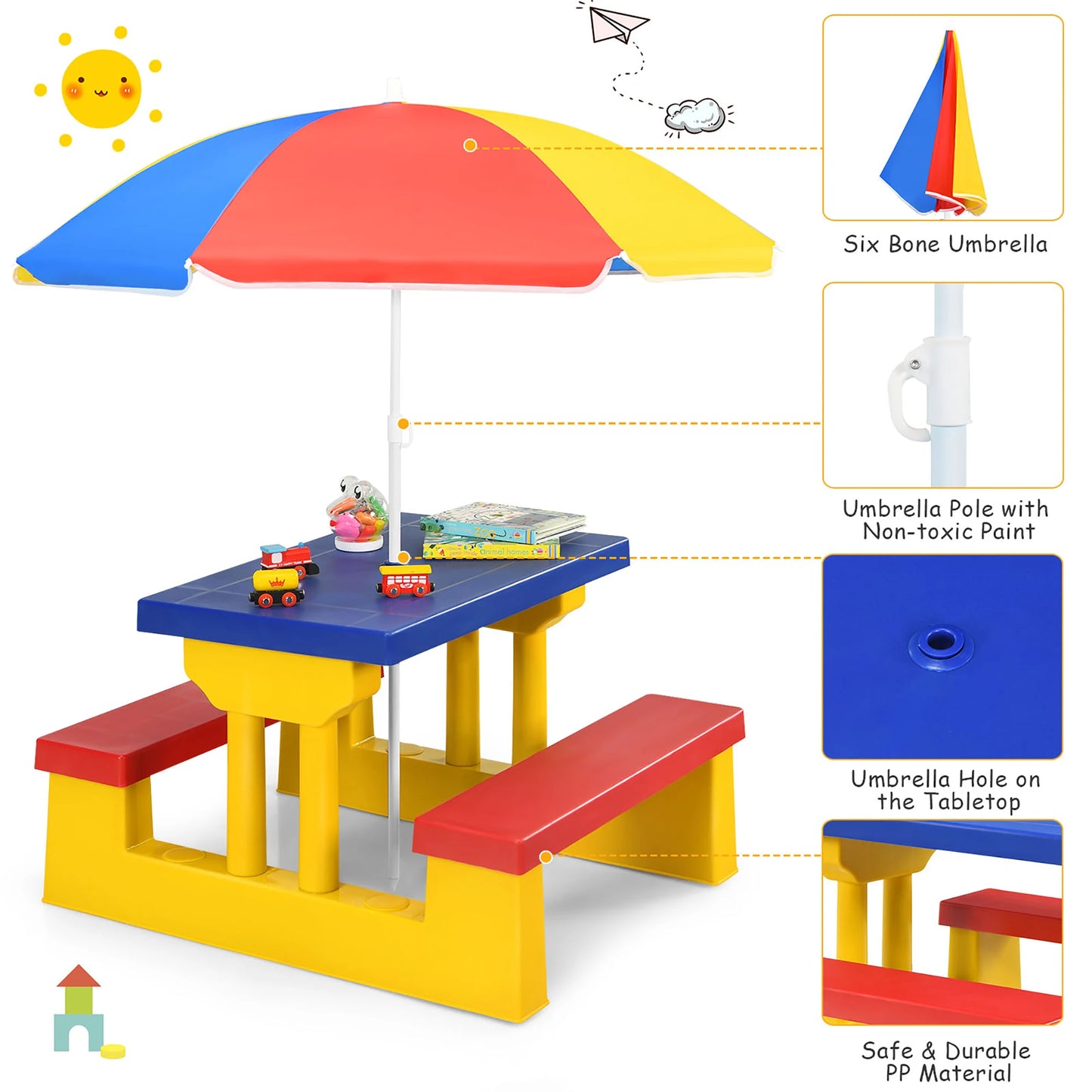Kids Picnic Table Set W/Removable Umbrella Indoor Outdoor Garden Patio