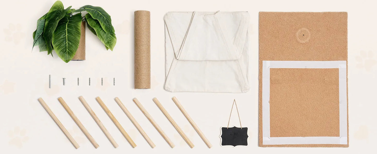 MEWOOFUN 60cm Tall Cats Scratching Post Teepee with Simulated Leaves Wooden Cat Tree Pet Bed Tent Indoor Play House for Cats