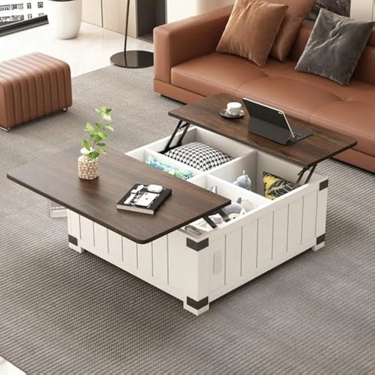 Farmhouse Lift Top Coffee Table with Storage White Wood Square Center Table with USB Ports for Living Room 35 Inch X 35 Inch X 18 Inch
