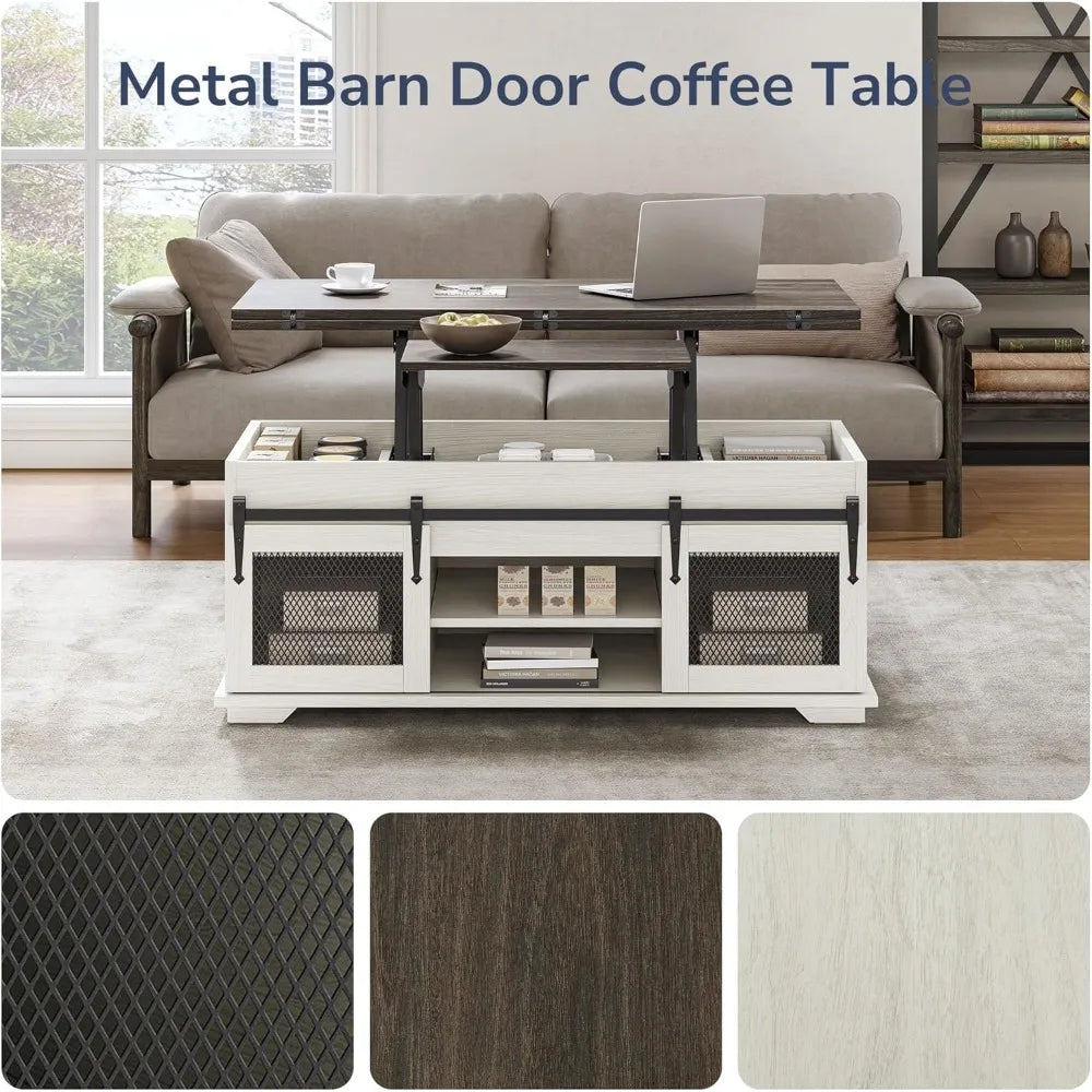 44 Inch Farmhouse Lift Top Coffee Table with Storage and Sliding Barn Doors White Sand Multi Function Rectangle for Living Room Dining Reception