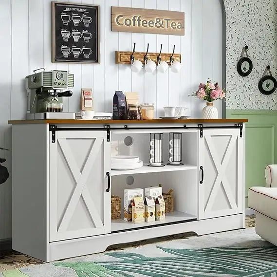 Buffet Cabinet with Storage, 59" Kitchen Storage with Barn Doors