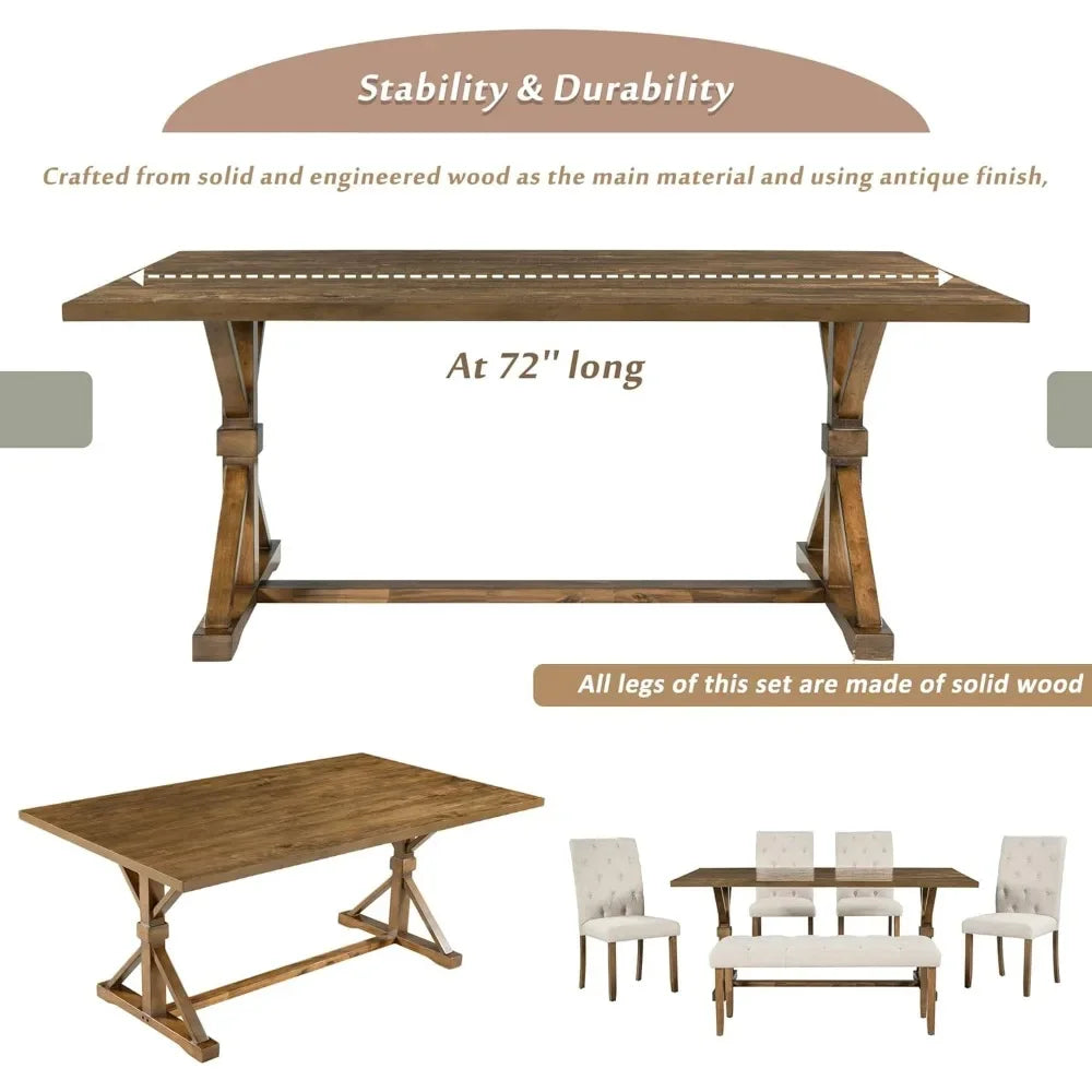 6 Piece Kitchen Dining Table Set, 72 inch Wooden Rectangular Table with 4 Upholstered Chairs and a Bench.