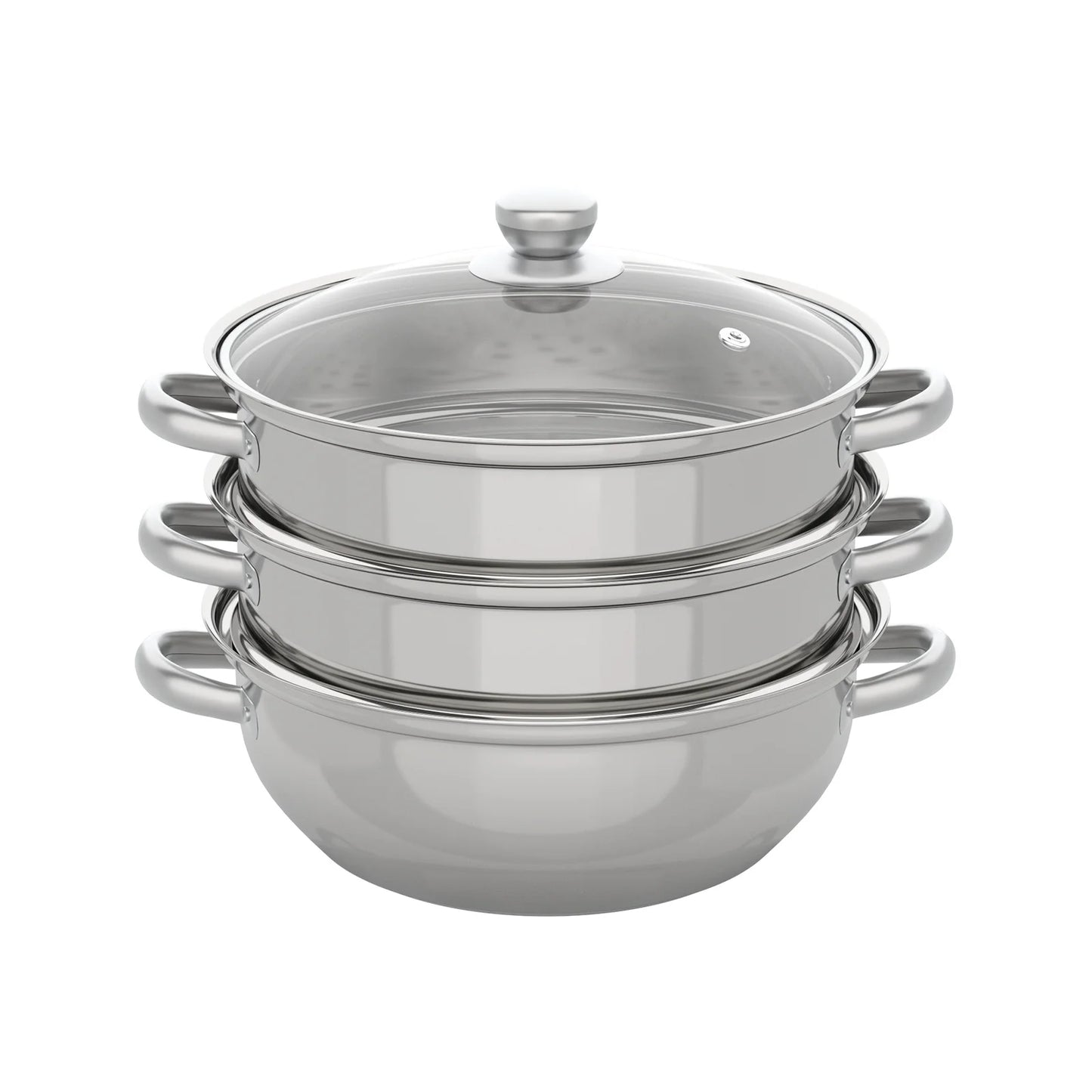 3 Tier Stainless Steel Steamer 28cm Overlapping Kitchen Soup Cooker Set with Glass Lid Silver