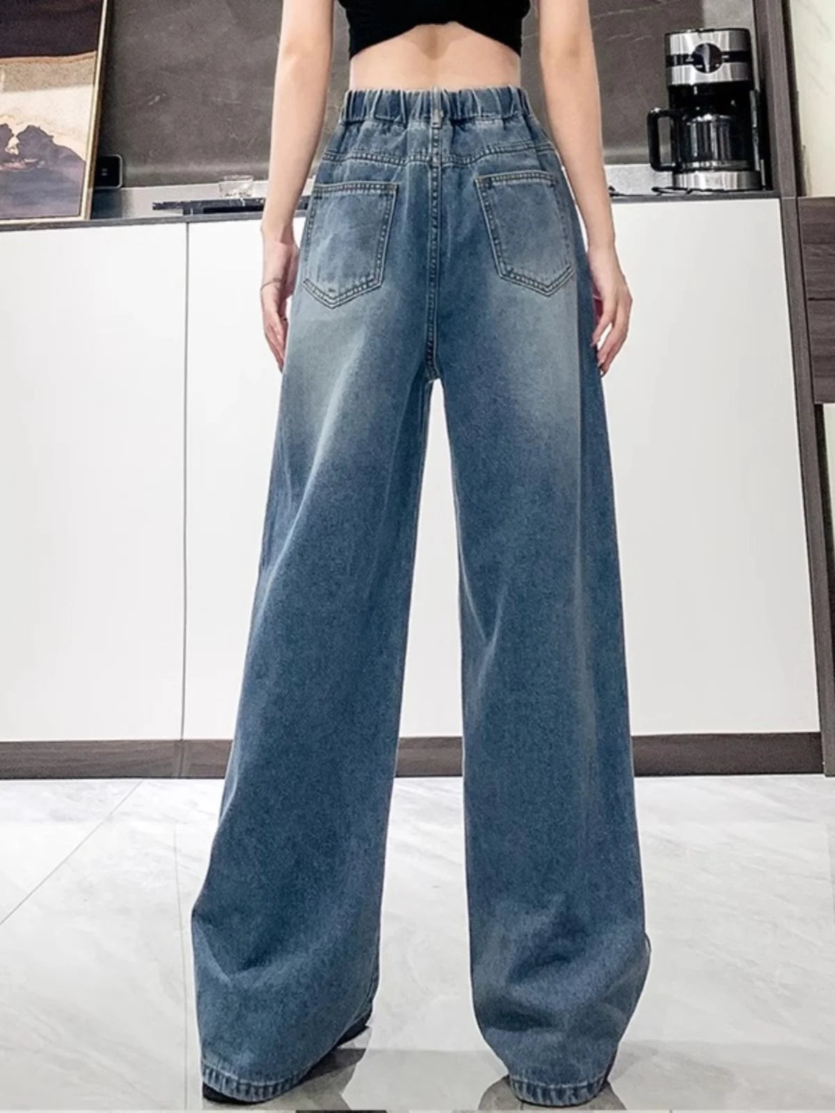 Loose Wide Leg Jeans High Waist Light Blue Women's plus Size Elastic Waist Dstring Trousers Slimming Long Pants