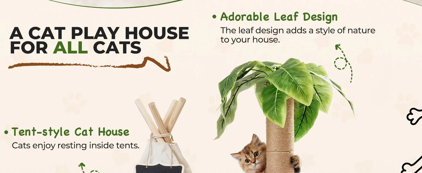 MEWOOFUN 60cm Tall Cats Scratching Post Teepee with Simulated Leaves Wooden Cat Tree Pet Bed Tent Indoor Play House for Cats