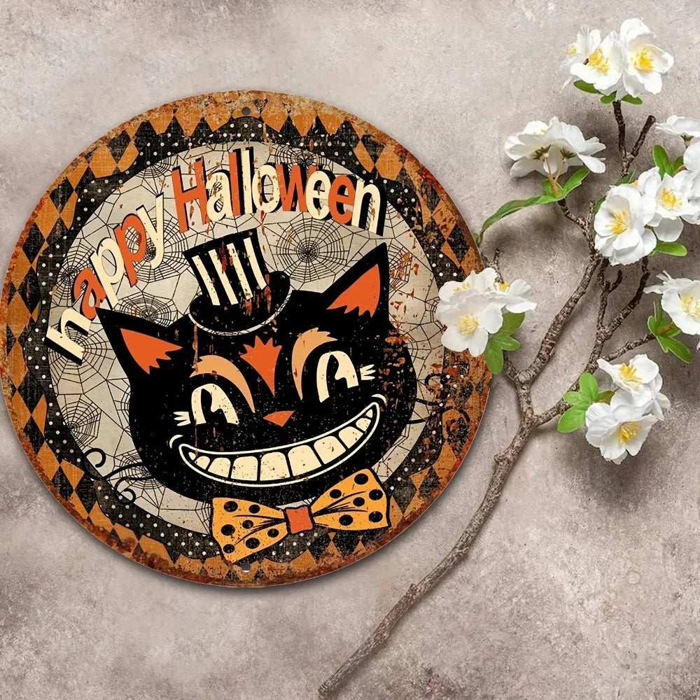 Tin Painting - 8"x8" Round Aluminum Quirky Happy Halloween Sign | Black Cat Wreath Design for Home, Kitchen