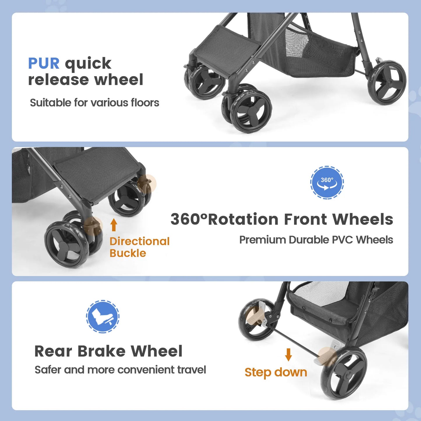 Wedyvko Pet Stroller 360 Rotate Wheels Dog Carrier with Brakes And Basket for Small to Medium Sized Dogs Breathable Metal Frame
