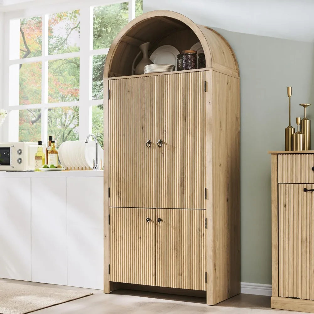 71" Tall Arched Kitchen Pantry Modern Fluted Wood Storage Cabinet with 3 Adjustable Shelves 6 Door Shelves Organizer - Natural