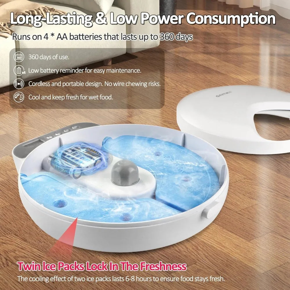 Automatic Cat Feeder Wet Food, Battery Operated Auto Wet/Dry Food Feeder with 2 Ice Packs, Cordless Programmable Timer Pet Auto