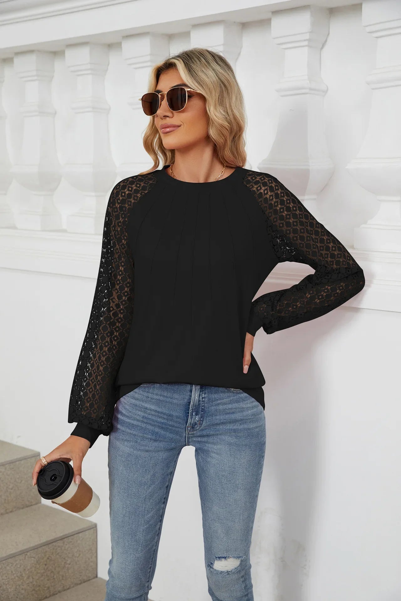 Womens Tee Autumn Lantern Sleeve Lace Spliced Design Top Round Neck Long-Sleeved T-Shirt Style Pullover