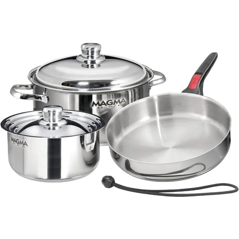 Magma 7 Piece Gourmet Nesting Stainless Steel Cookware Set, Induction Compatible, Oven Safe to 500°F Suitable for All Stovetops