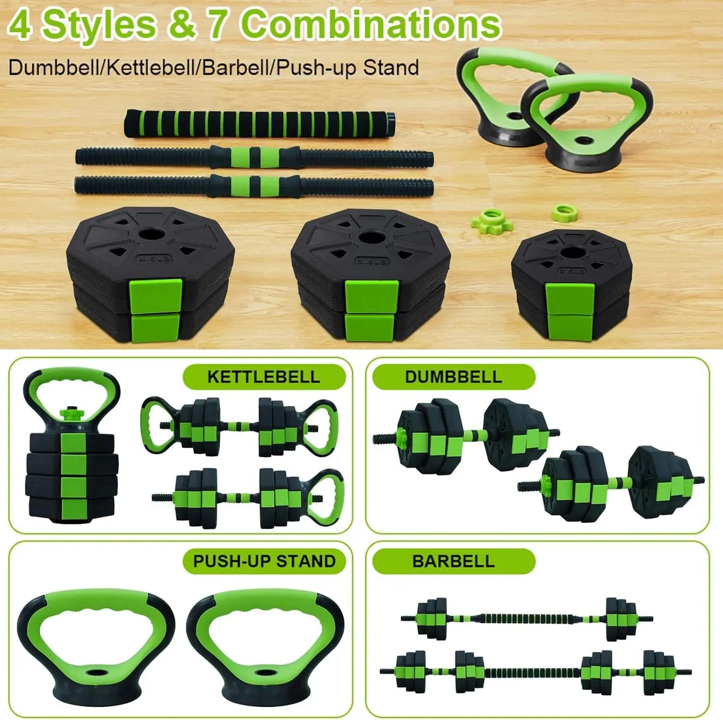 4 In 1 Adjustable Kettlebell Set 66lbs 88lbs Weight Dumbbell Barbell Push Up Stand for Home Gym Strength Training Men's Fitness Equipment