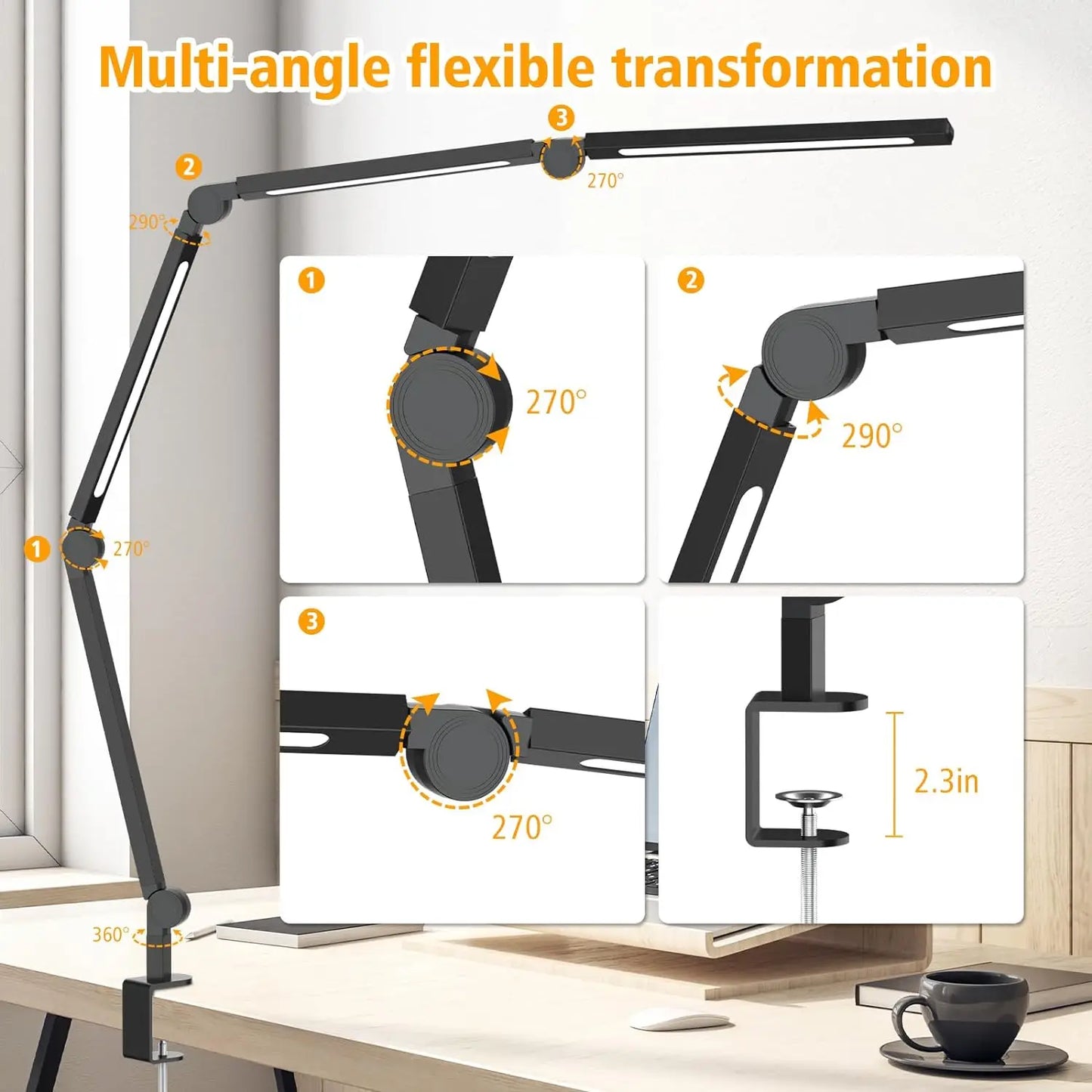 LED Desk Lamp with Clip, Multi-Angle Flexible 4-Segment 3-Light Source Office Desk Lamp, Table Lamp for Home Office Studio