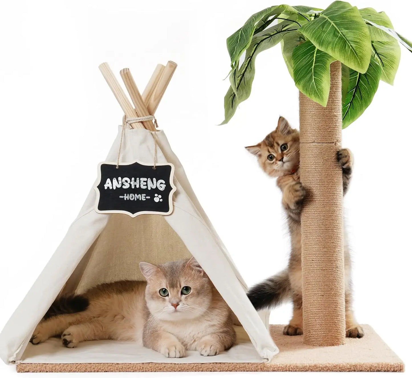 MEWOOFUN 60cm Tall Cats Scratching Post Teepee with Simulated Leaves Wooden Cat Tree Pet Bed Tent Indoor Play House for Cats