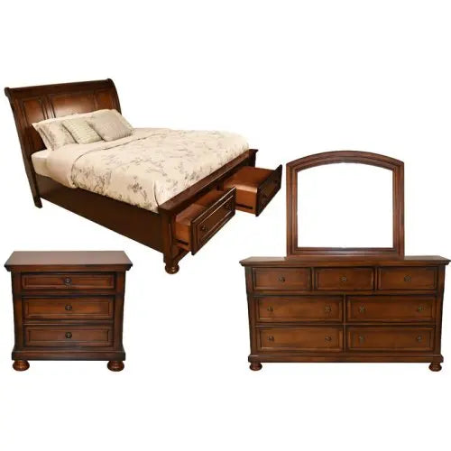Classic Bedroom Set Dark Solid Wood King Size Bed Cedar Lined Drawers Matching Bedside Table Dressing Table Mirror