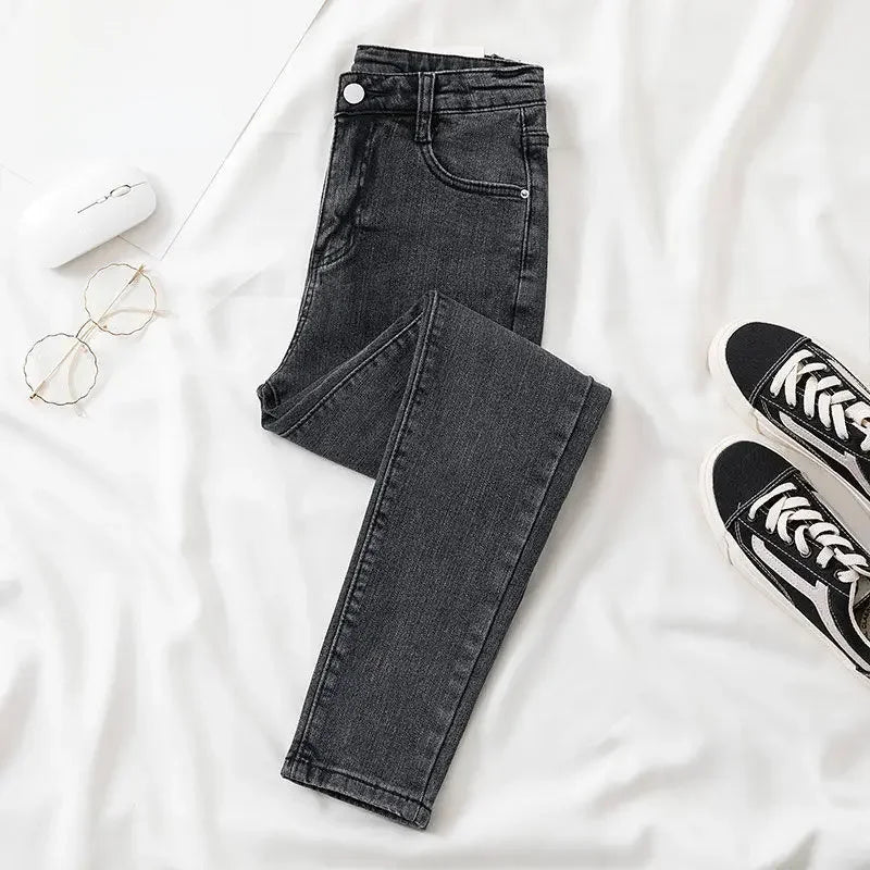 Black Grey Jeans Women's Slimming Cropped Pants Chic Versatile Student Short Trousers Long Pants Slim Fit Sihouette Smoothing