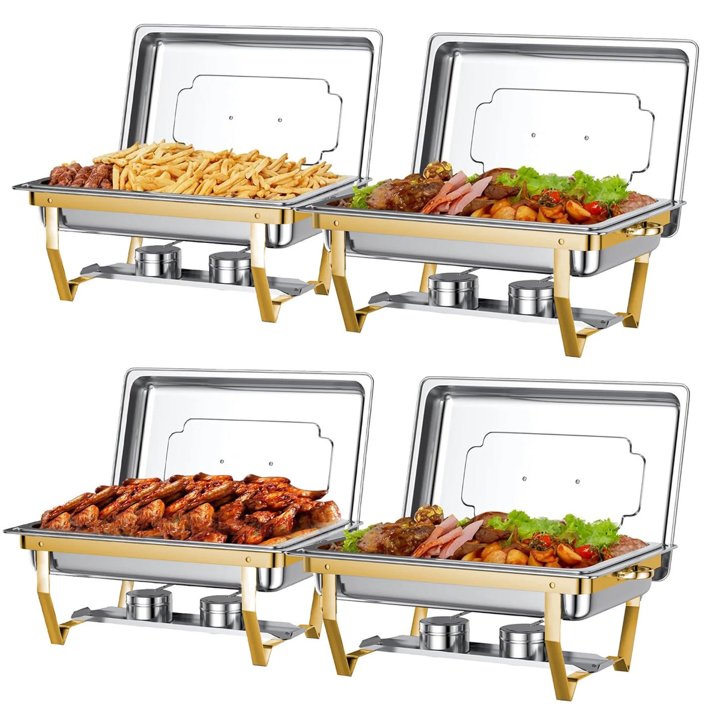 4 Pack Rectangular Chafing Dishes Set 8QT 9QT Semi Gold Plated Stainless Steel Buffet Warmer for Hotel Catering or Wedding Parties