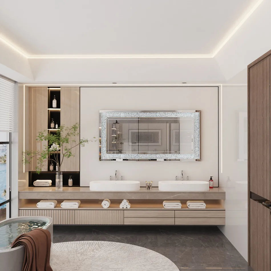 LUVODI Large Silver Sparkly Crystal Rhinestone Frameless Wall Mounted Dressing Mirror for Home and Hotel