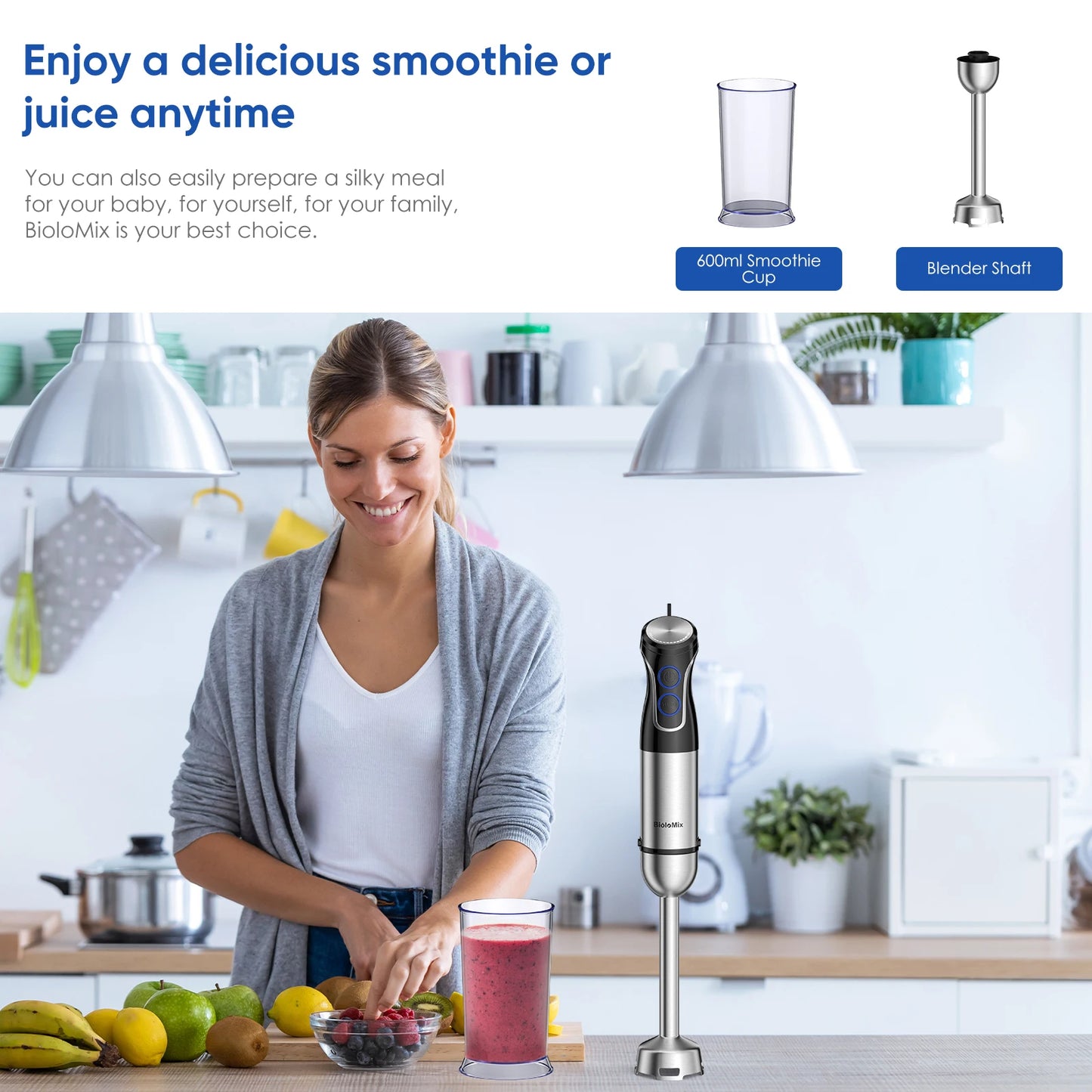 BioloMix 5 in 1 Immersion Hand Blender 1500 Watt Powerful Stainless Steel Blade Food Processor Smoothie Maker Baby Food Puree Tool