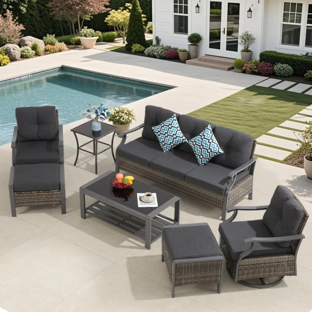 7 Pieces Metal Patio Furniture Set Outdoor Conversation Set Sectional Sofa with Swivel Chairs for Garden Deck Backyard