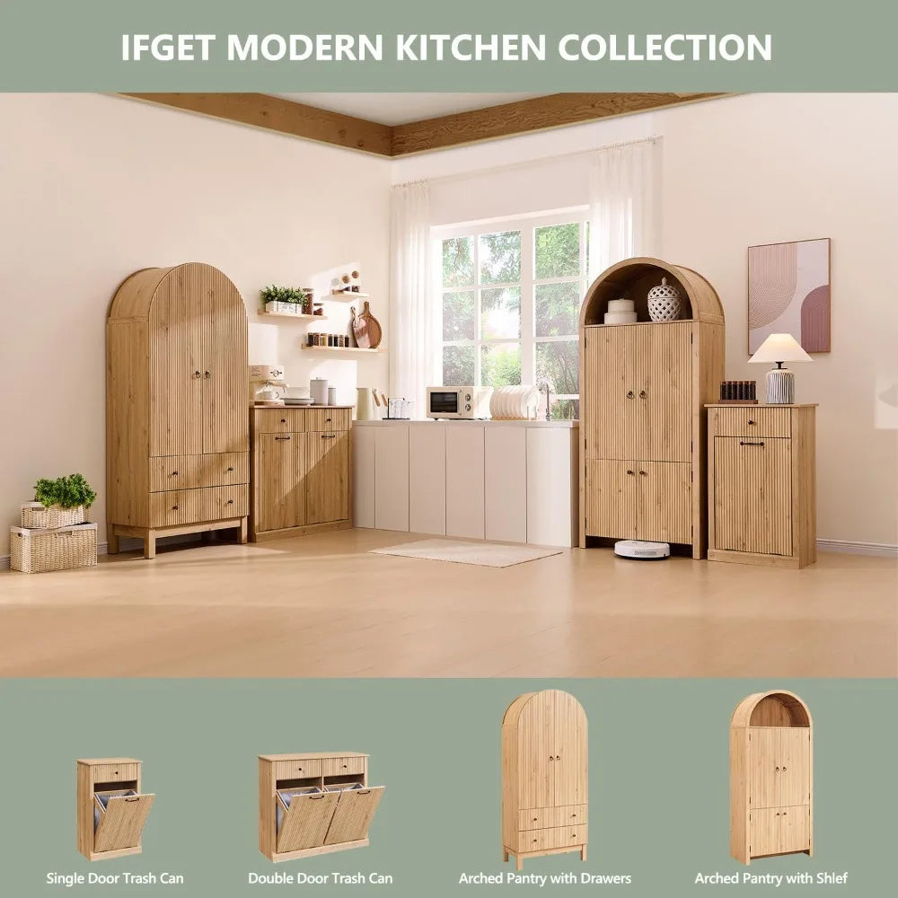 71" Tall Arched Kitchen Pantry Modern Fluted Wood Storage Cabinet with 3 Adjustable Shelves 6 Door Shelves Organizer - Natural