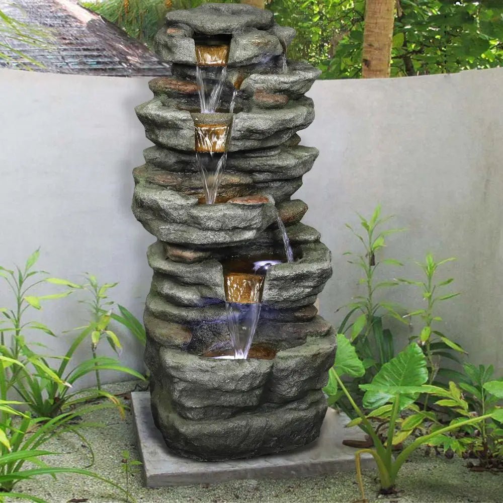 Fiber-Reinforced Resin Water Fountain with 5 LED Lights, Adjustable Flow, UL Certified Pump, 15.3x11.2x32.6in, Easy Setup
