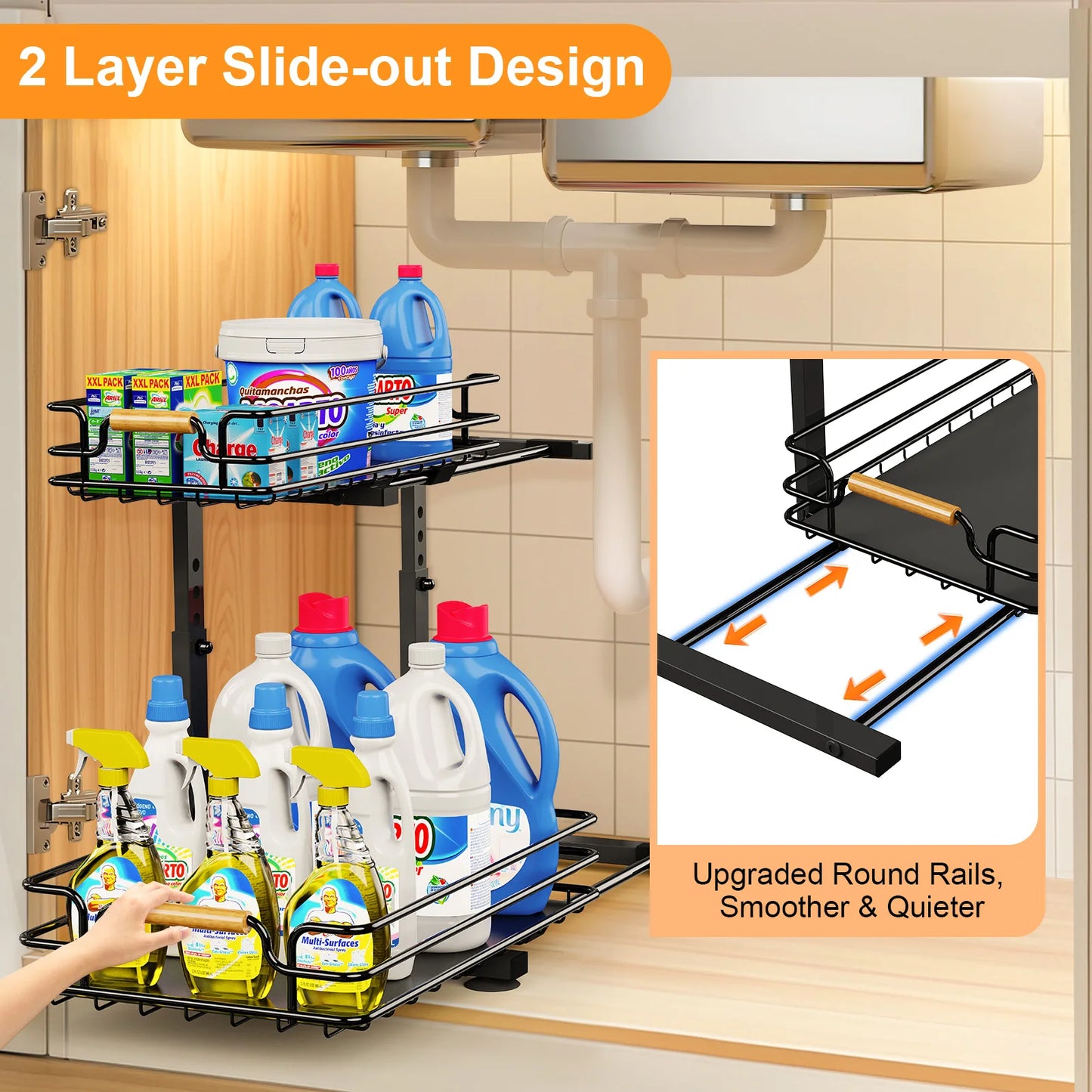 2 Tier Under Sink Organizer Kitchen Metal Sliding Drawer Height  Adjustable Cabinet Organizer Kitchen Organizer