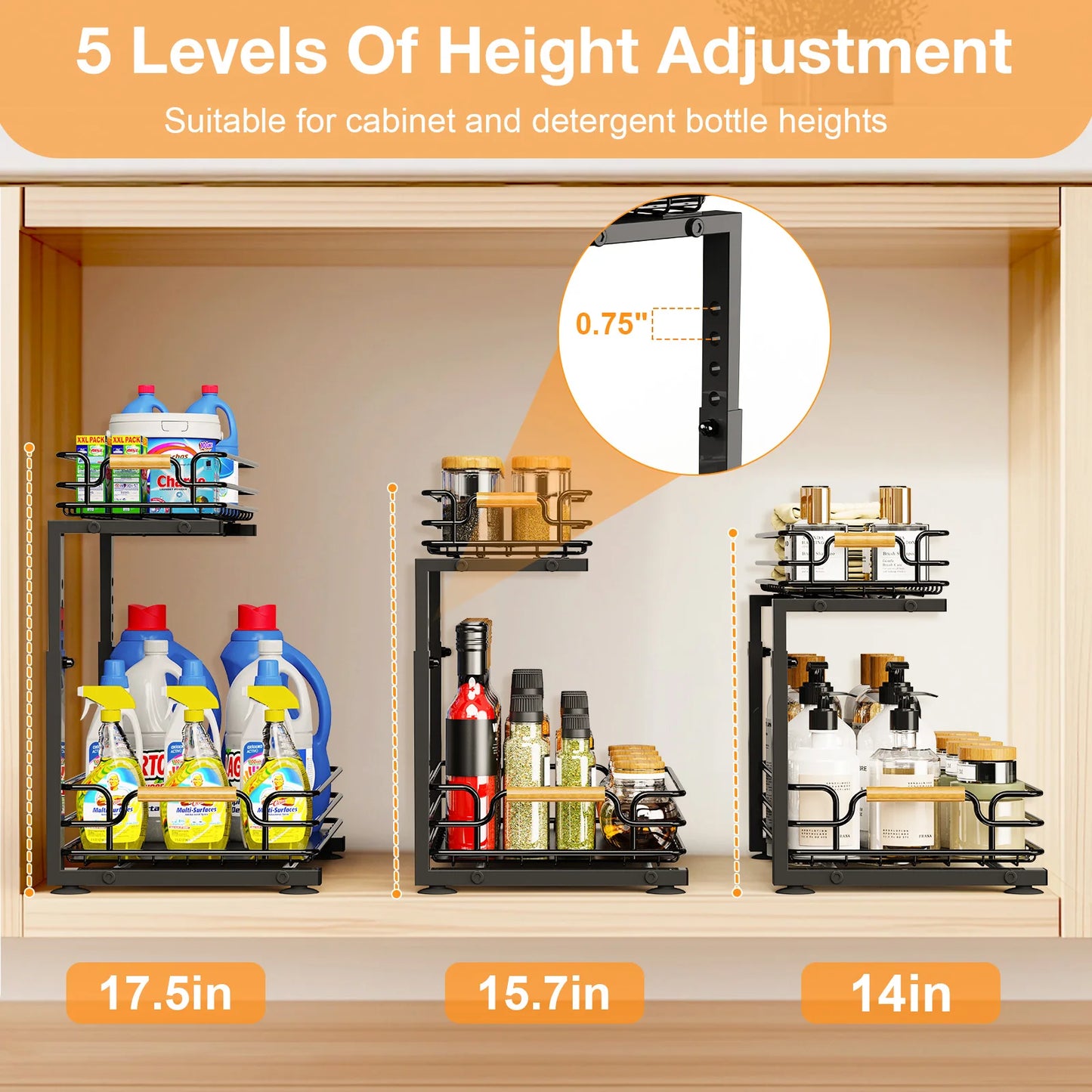 2 Tier Under Sink Organizer Kitchen Metal Sliding Drawer Height  Adjustable Cabinet Organizer Kitchen Organizer