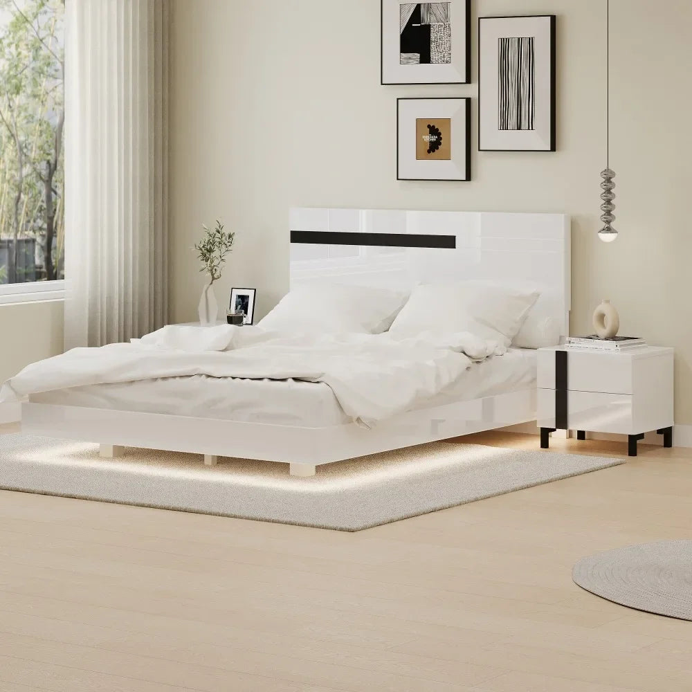 Modern High Gloss 3 Piece Bedroom Set Floating Queen Size Platform Bed with LED Light and 2 Nightstands in White