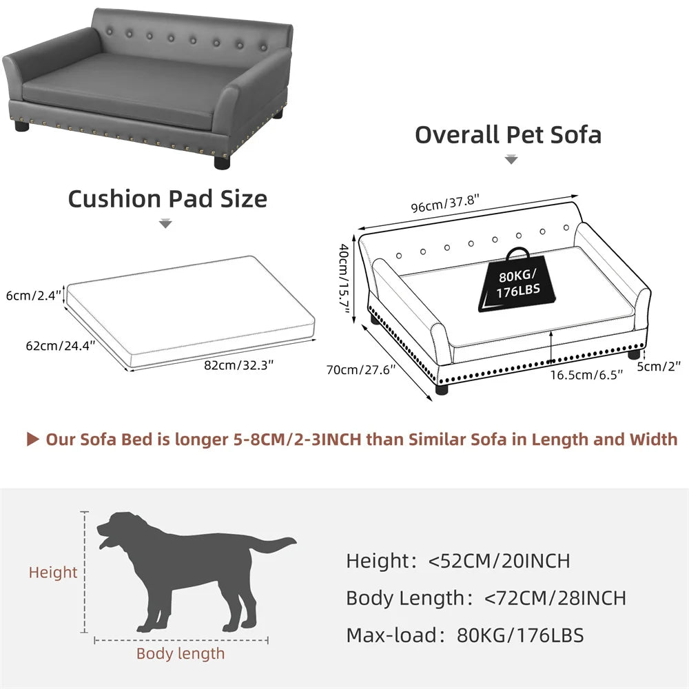 Heavy Duty Raised Dog Bed Sofa Large Cushioned Pet Couch Soft Microfiber Silicone Leather Velboa Covered Lounge for Cats And Puppies