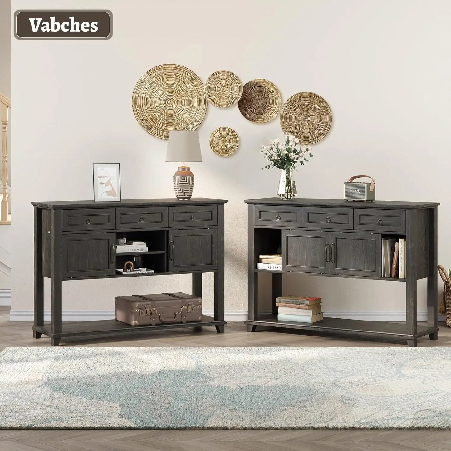 Vabches 47 Inch Wood Console Table with 3 Storage Drawers and Sliding Barn Doors for Entryway Hallway Living Room