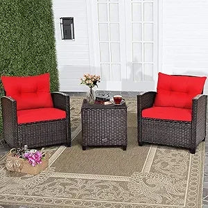 3 Piece Patio Furniture Set, Wicker Bistro Conversation Set w/ 2 Cushioned Armchairs & Glass Topped Table, Outdoor Rattan Sofa