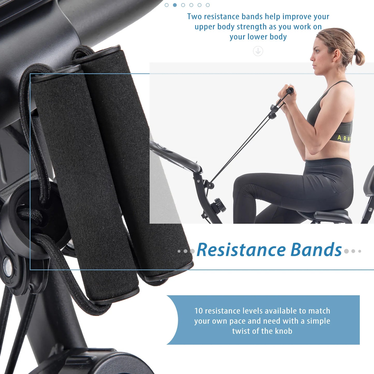 Metal Folding Exercise Bike Upright and Horizontal X Bike Home Fitness with 10 Adjustable Levels Resistance Arm Bands Backrest
