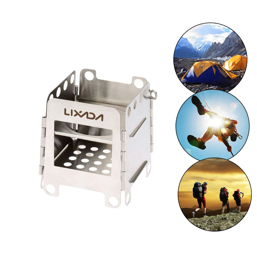 Portable Stainless Steel BBQ Stove Lightweight Folding Wood Outdoor Camping Cooking Picnic Backpacking Wind Shield with Ignition